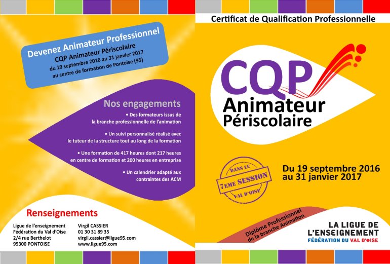 CQP ANIMATEUR PERISCOLAIRE : Nouvelle session en septembre 2017 - Ligue